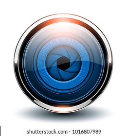 Glossy button blue with camera shutter inside, vector 3D metallic icon.