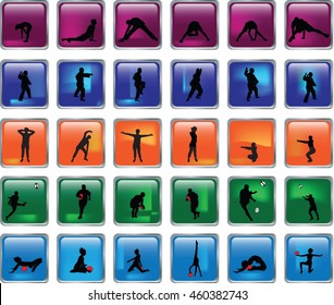 glossy button collection with sports silhouette - vector
