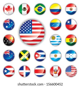Glossy button flags - America and Oceania. 21 Vector icons. Original size of USA flag in down right corner. 