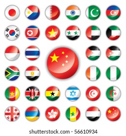 Glossy button flags - Asia & Africa. 32 Vector icons. Original size of China flag in down right corner.