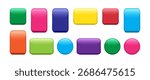 Glossy button icon, colorful web shiny badge. Push glass label, round pin magnet. Empty bright website button set circle, square and rectangle shape isolated on white background. Vector illustration