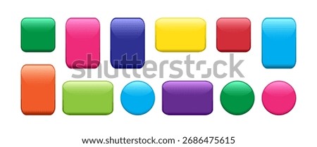 Glossy button icon, colorful web shiny badge. Push glass label, round pin magnet. Empty bright website button set circle, square and rectangle shape isolated on white background. Vector illustration