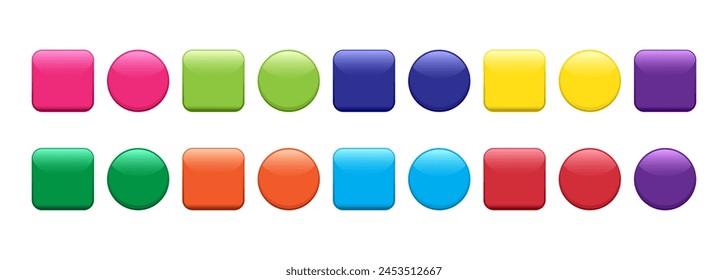 Glänzendes Button-Symbol, Web-Abzeichen aus Glas, farbenfrohe 3D-Blase isoliert auf weißem Hintergrund. Stift für Farbverlauf gesetzt. Abgerundete leuchtend glänzende Vektorillustration