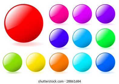 Glossy button, icon vector round circle for web in red, green, blue, yellow, orange colors, shiny glass design elements, set of illustration for background - badge, sign, blank sphere with reflection.