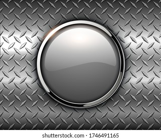 Glossy button over metallic diamond plate sheet metal texture, vector illustration.