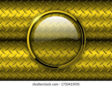 Glossy button over metallic gold diamond plate metal texture, vector illustration.
