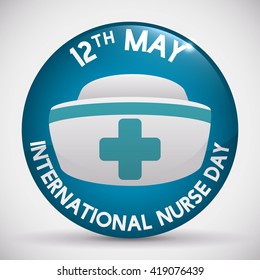 Glossy button with reminder of International Nurses Day and nurse cap inside.
