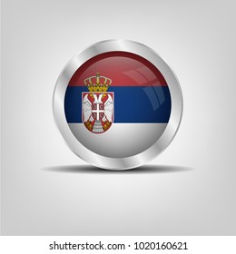 Glossy button, Serbia icon silver glossy badge button with Serbia flag. vector EPS 10 illustration on white background.chrome button