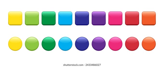 Glossy button vector icon, glass web badge, color rainbow 3d bubble isolated on white background. Colorful gradient pin set. Rounded shiny illustration