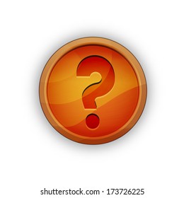 the glossy button with wooden texture and question mark icon / the question mark icon / the question pictogram
