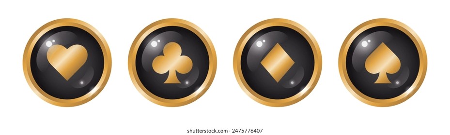 Glossy buttons or chips with playing card suits. Vector casino clipart.