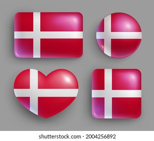 Glossy buttons with Denmark country flags set. European country national flag shiny badges of different shapes. Denmark symbol in patriotic colors realistic vector illustration on gray background