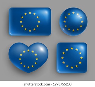 Glossy buttons with Euro Union flags set. Europe Parliament national flag shiny badges of different shapes realistic vector illustration on gray background