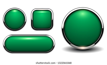 Glossy buttons green with metallic chrome elements, vector illustration.