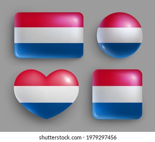 Glossy buttons with Netherlands country flags set. European country national flag shiny badges of different shapes. Netherlands symbol in patriotic colors realistic vector illustration