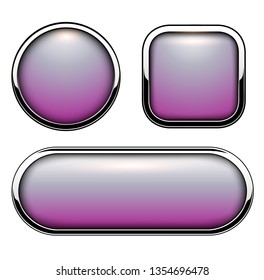 Glossy buttons purple with metallic chrome elements, vector illustration.