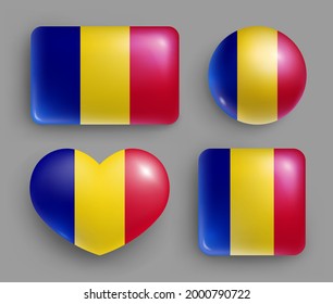 Botones brillantes con banderas de país de Rumania puestas. Bandera nacional europea brillantes de diferentes formas. símbolo de Rumania en colores patrióticos ilustración vectorial realista en fondo gris