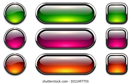 Glossy buttons set with metallic, chrome elements, shiny icons vector illustration.