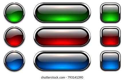 Glossy buttons set with metallic, chrome elements, red blue green vector illustration.