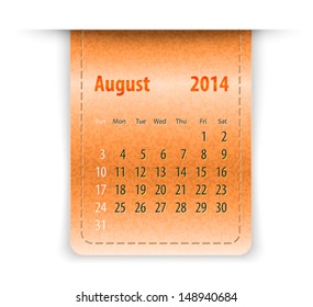 Glossy calendar for august 2014 on leather texture. Sundays first. Vector illustration