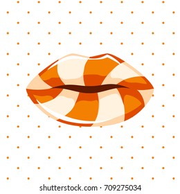 Glossy candy lips isolated on white background with orange dots.