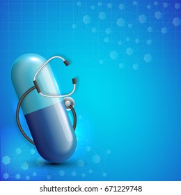 Glossy capsule pill with stethoscope on blue molecular background for Health and Medical concept.