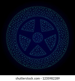 Glossy car wheel polygonal illustration. Abstract mesh lines, triangles and points on dark background with car wheel.