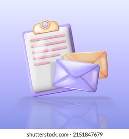 Glossy cartoon 3d clipboard with paper sheet and two shiny envelopes in purple and orange colors.  Cartoon vector illustration of task management icon with reflection.