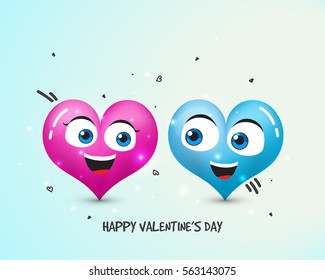 Glossy Cartoon Hearts with Smiling Face for Happy Valentine's Day celebration.