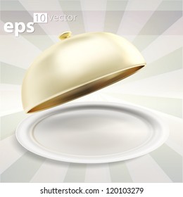 Glossy ceramic salver dish with an empty copyspace food cover over it, eps10 vector composition illustration