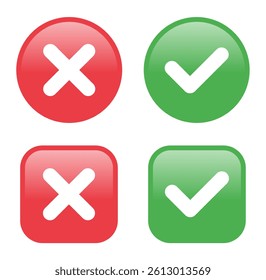 glossy check mark and cross icon vector. yes, no, True, False