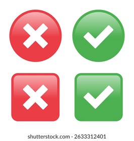 glossy check mark and cross icon vector. yes, no, True, False