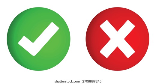 Glänzendes Häkchen und Kreuzsymbol als Schaltflächenvektor. Kreuz und Häkchen in einem Kreis, grün und rot Farbe Taste. Ja, Nein, Wahr, Falsch, Genehmigung, Falsch und Ablehnen. Vektorgrafik.