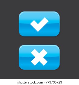 Glossy checkmark rounded rectangle shape icons with shadow, blue check mark and blue cross, vector, isolated on dark background