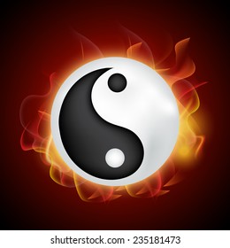 Glossy Chinese symbol Yin-Yang on flames decorated background.