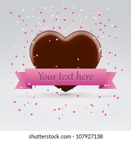 Glossy Chocolate Lonely Heart Behind Pink Ribbon Floating Confetti On A Light Neutral Background