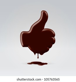 Glossy chocolate thumb up hand silhouette melting and dripping