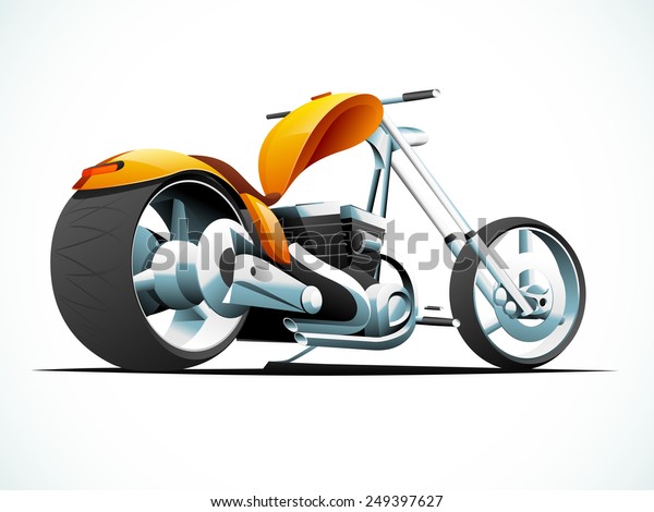 Glossy chopper sports motorbike design on sky\
blue and white\
background.