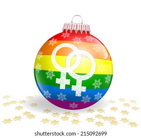 Glossy Christmas ball with lesbian love symbol, colored with the LGBT rainbow colors. Isolated vector on white background.