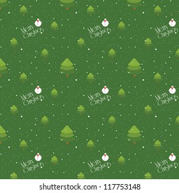 Glossy christmas seamless green background pattern with trees, penguin and snowflakes