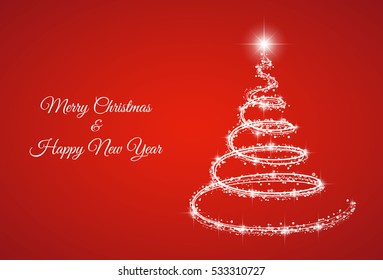 Glossy Christmas tree on red background. Vector.