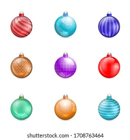 Glossy christmas tree toys isolated on white background, vector illustration. Set of design elements for greeting cards, New Year banners.