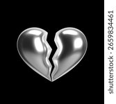 Glossy chrome 3D broken heart split into two separate halves, with cracked metallic surface, reflective liquid texture and futuristic Y2K aesthetic