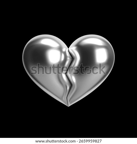 Glossy chrome 3D heart with central crack across metallic surface, reflective texture, futuristic Y2K style