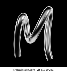 Glossy chrome 3D letter M in Y2K techno style with twisted tubular line and reflective metal surface