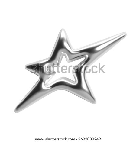 Glossy chrome 3d spiky star with a hollow star shape formed by smooth flowing curves, inspired by a futuristic Y2K aesthetic