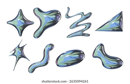 Glossy Chrome Abstract Blob and Shape. A surreal collection of eight chrome elements with blobs waves bursts spikes and smooth shapes in a futuristic metallic style. Perfect for sci fi posters