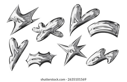 Glossy Chrome Abstract Puff and Symbol. A bold collection of eight chrome elements featuring hearts arcs spikes blobs and label forms in a high gloss metallic. Perfect for stickers abstract layouts