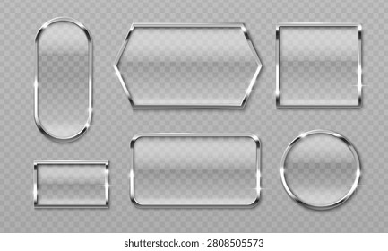 Glossy chrome button with metallic silver frame, shiny glass design and realistic glare effect, 3d vector set on transparent background. Modern steel badge icon templates for premium interface