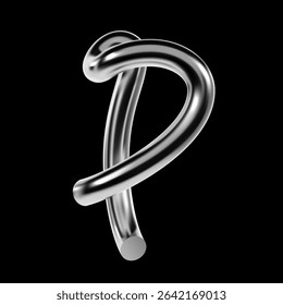 Glossy chrome letter P with curved metallic lines in futuristic 3D Y2K style. Decorative vector type with reflective surface and techno shape